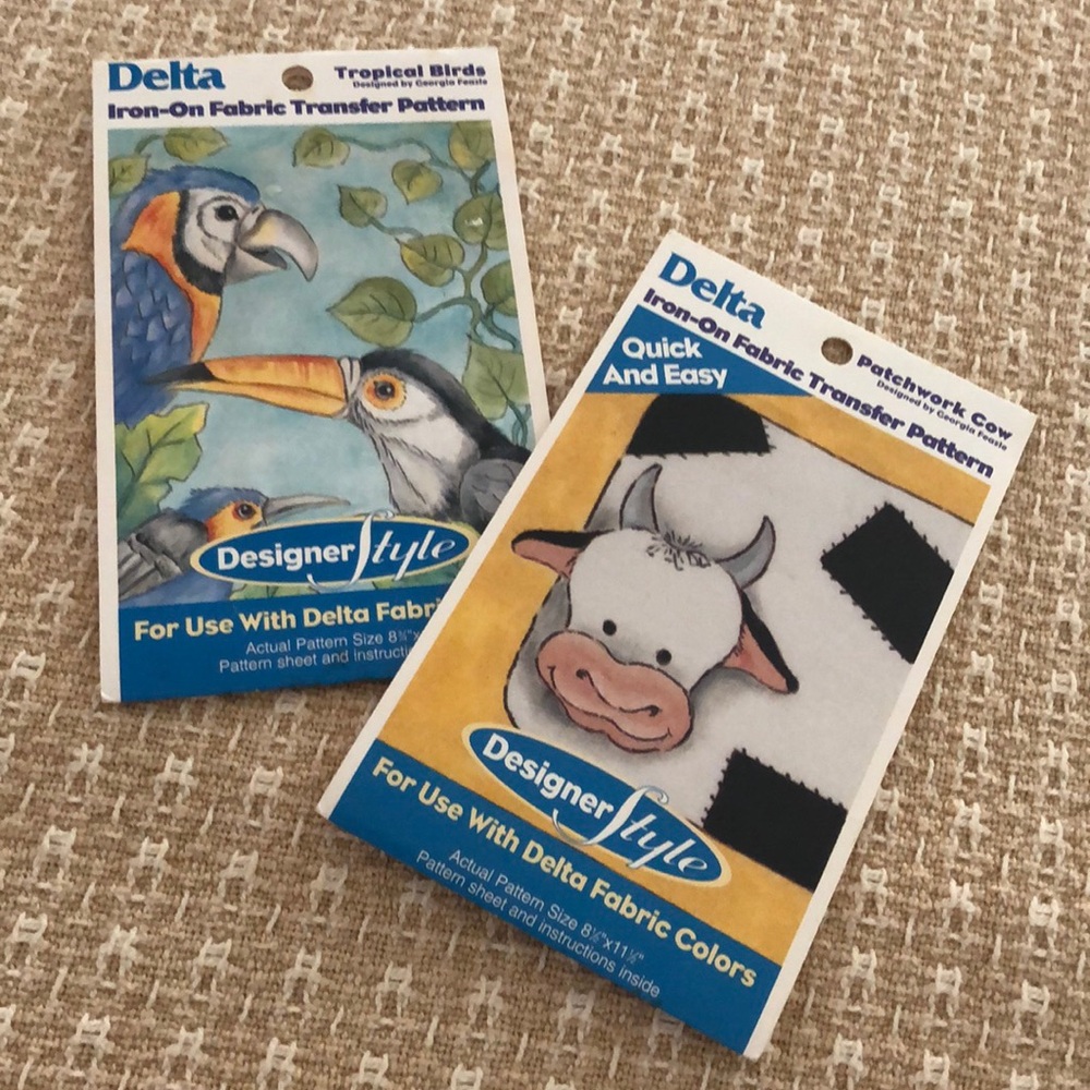 2-NWT Iron On Fabric Transfer Patterns-Tropical Birds & Patchwork cow